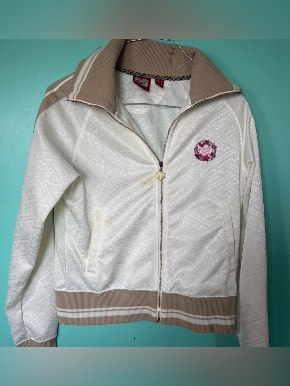 Onitsuka Tiger by Asics White and Tan Zip-Front Bomber Jacket